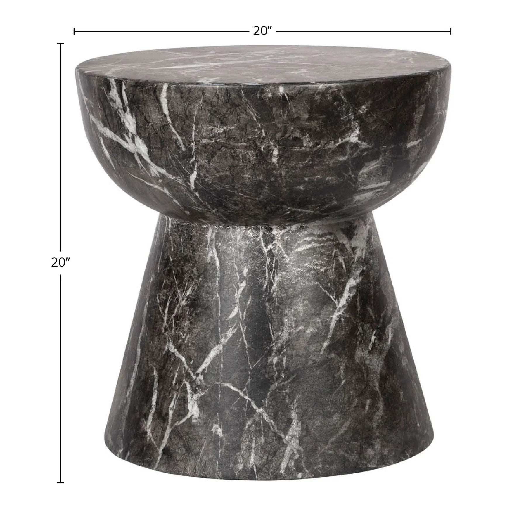 Three-quarter view of the Yves side table featuring a sculptural hourglass silhouette crafted from dark charcoal marble with prominent white veining