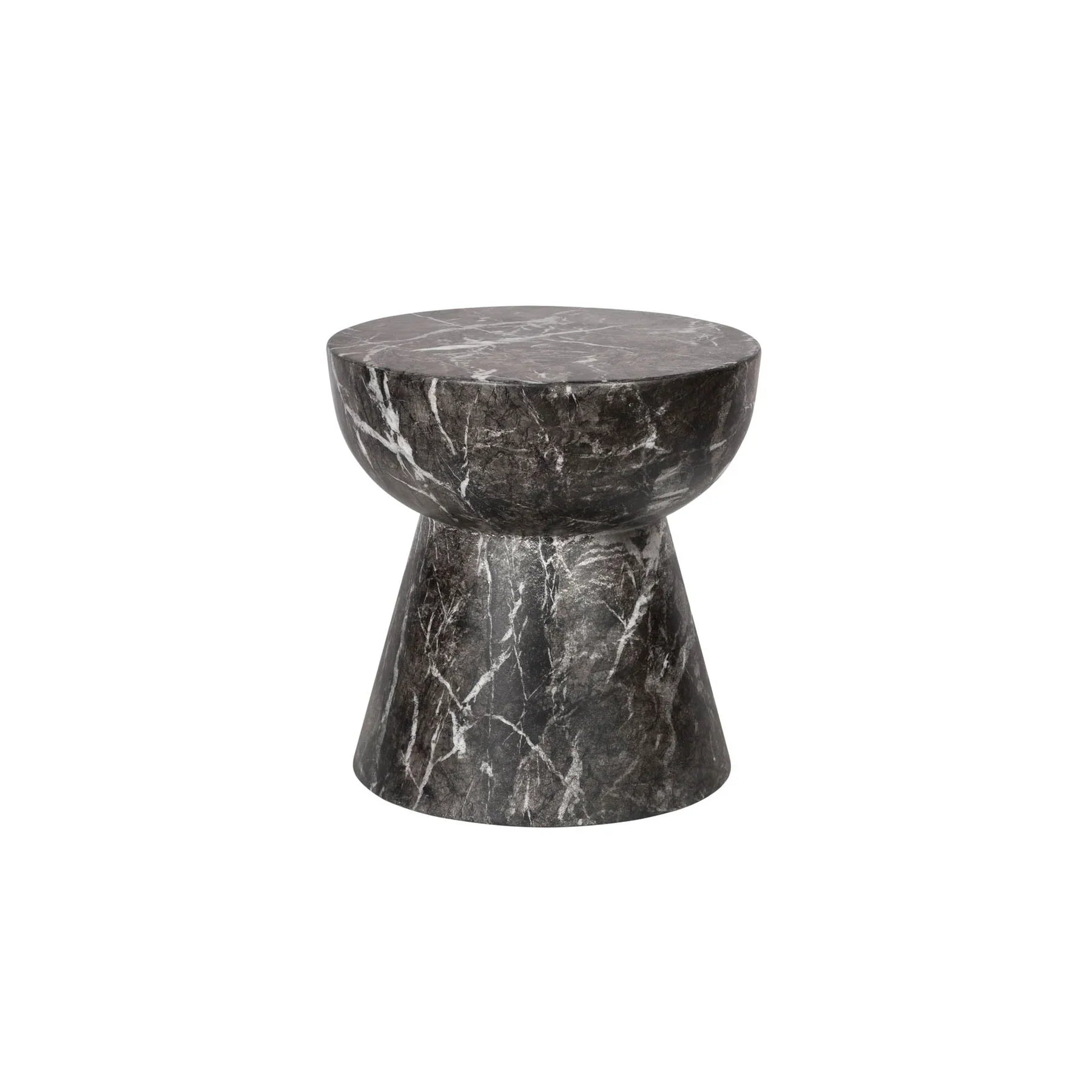 Three-quarter view of the Yves side table featuring a sculptural hourglass silhouette crafted from dark charcoal marble with prominent white veining