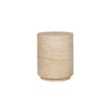 Front view of the Zac side table featuring a solid cylindrical drum silhouette crafted from natural beige travertine stone