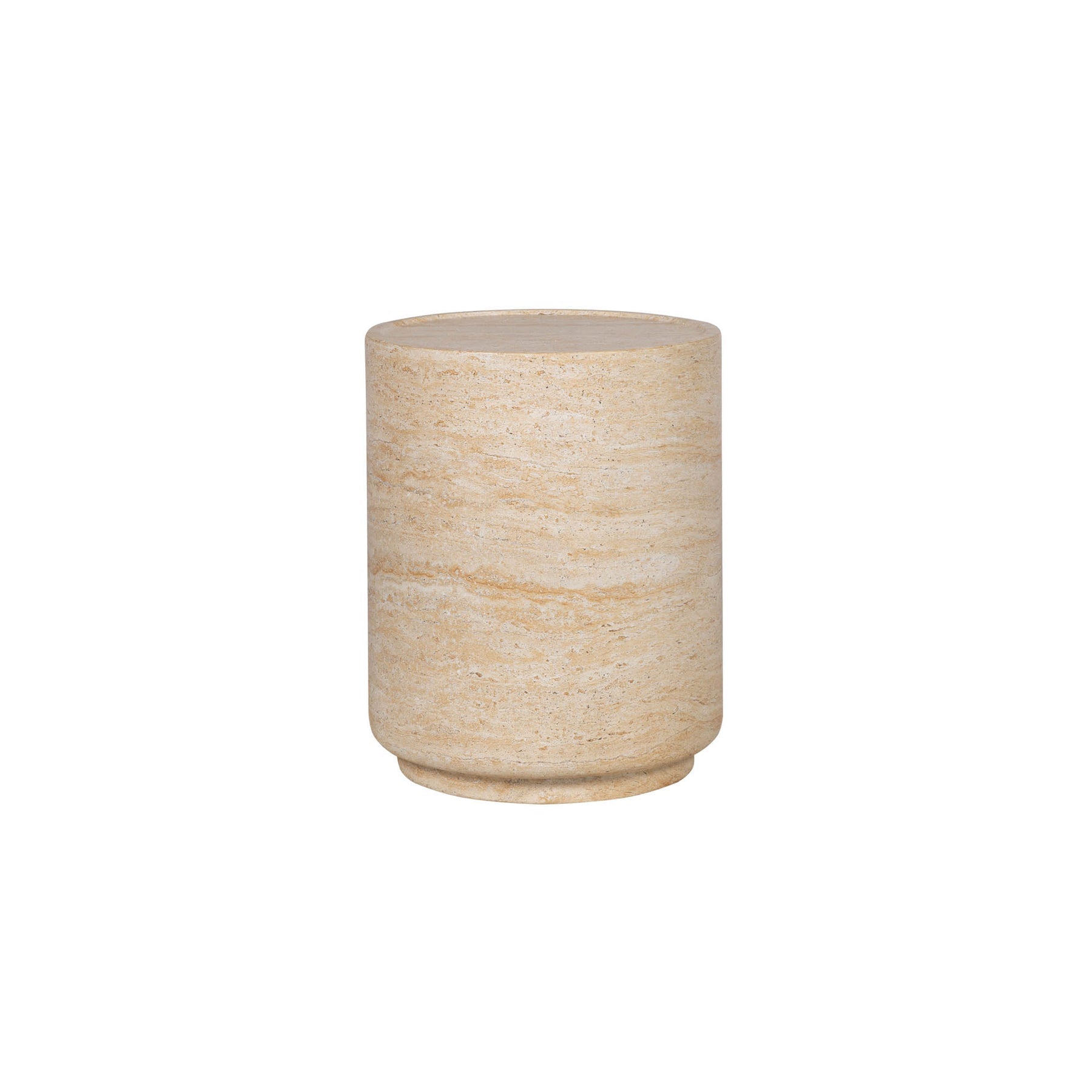 Front view of the Zac side table featuring a solid cylindrical drum silhouette crafted from natural beige travertine stone