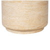 Detailed view of the lower recessed plinth base that creates a subtle floating effect for the stone cylinder