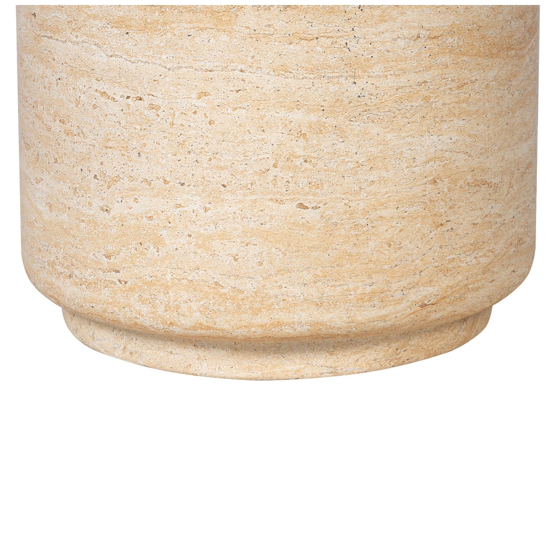 Front view of the Zac side table featuring a solid cylindrical drum silhouette crafted from natural beige travertine stone