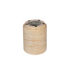 High-angle shot focusing on the flat circular tabletop and the seamless transition to the cylindrical stone base