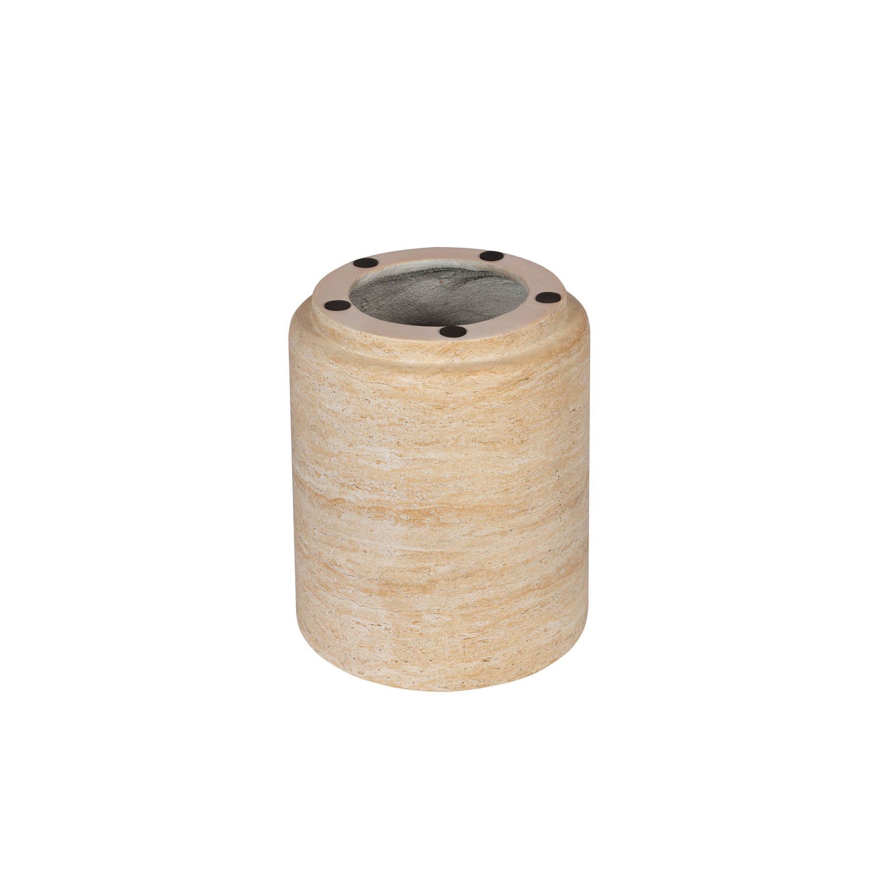 Front view of the Zac side table featuring a solid cylindrical drum silhouette crafted from natural beige travertine stone