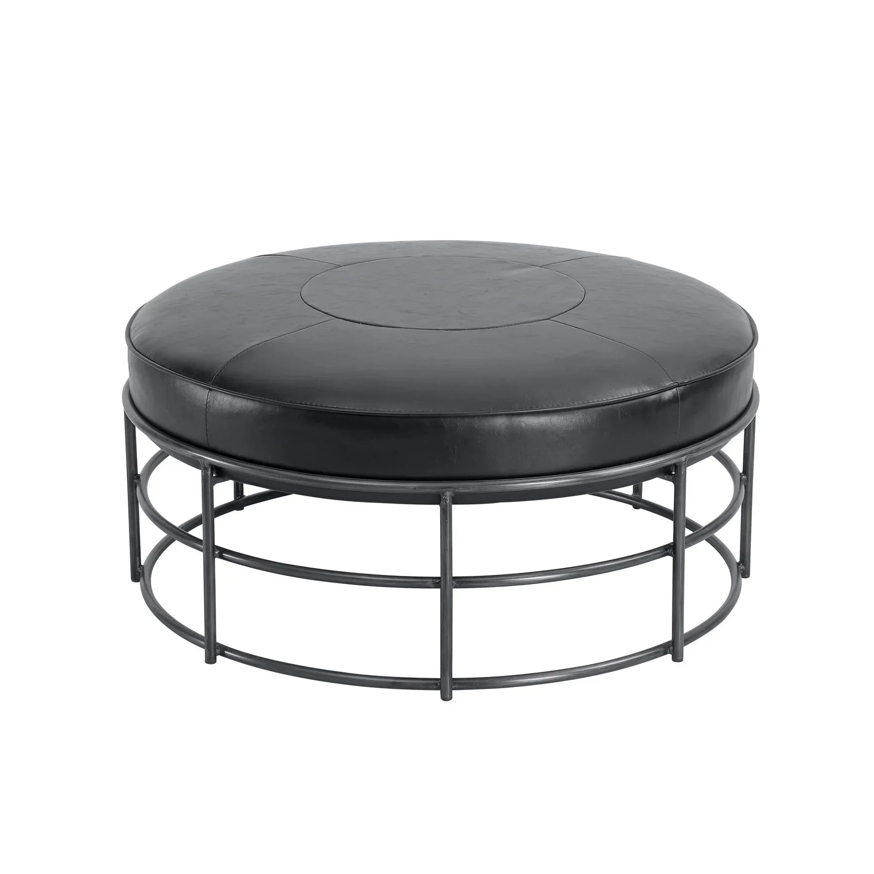 Front three-quarter view of the Ziggy round ottoman featuring a black leather top and a minimalist circular metal cage base