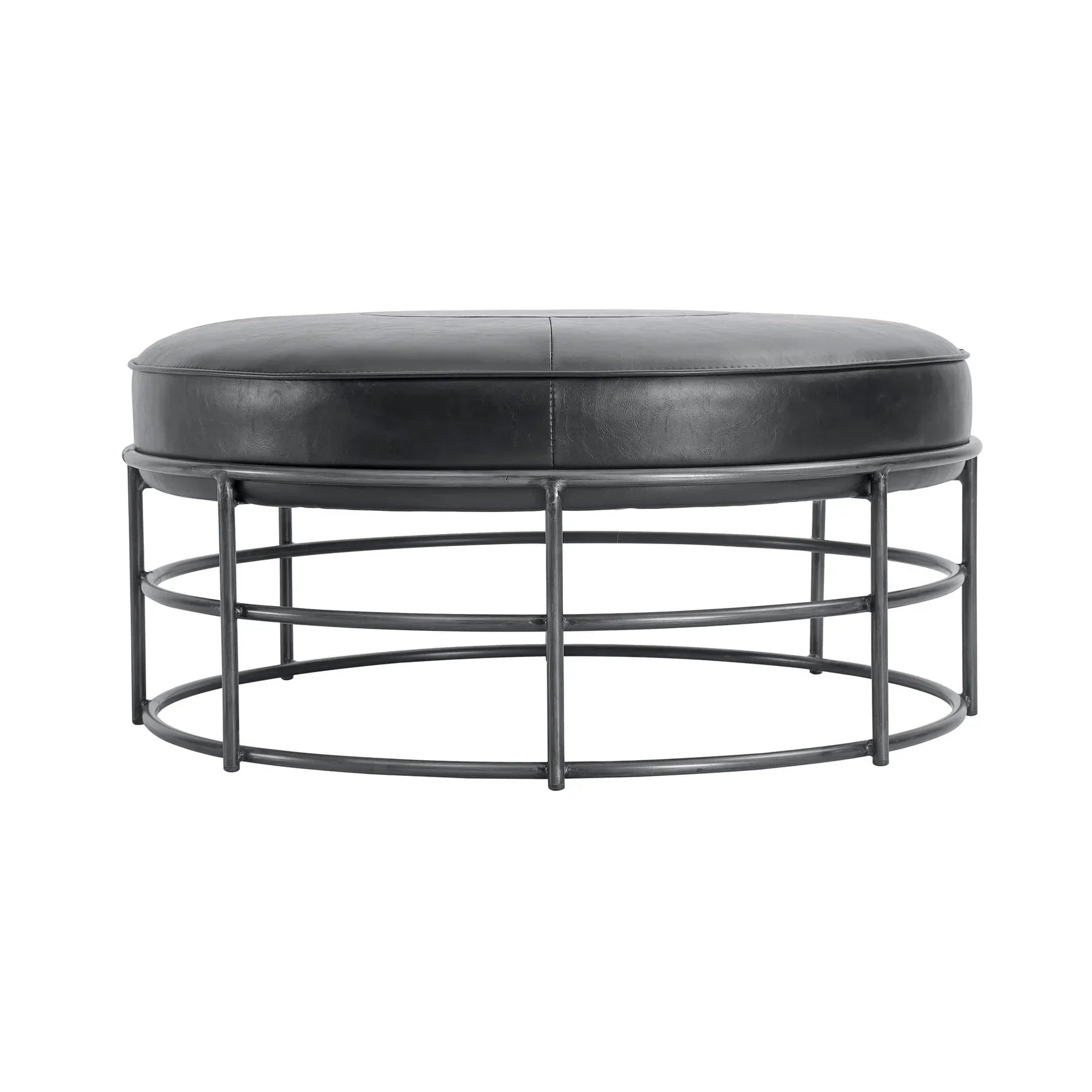 Front three-quarter view of the Ziggy round ottoman featuring a black leather top and a minimalist circular metal cage base