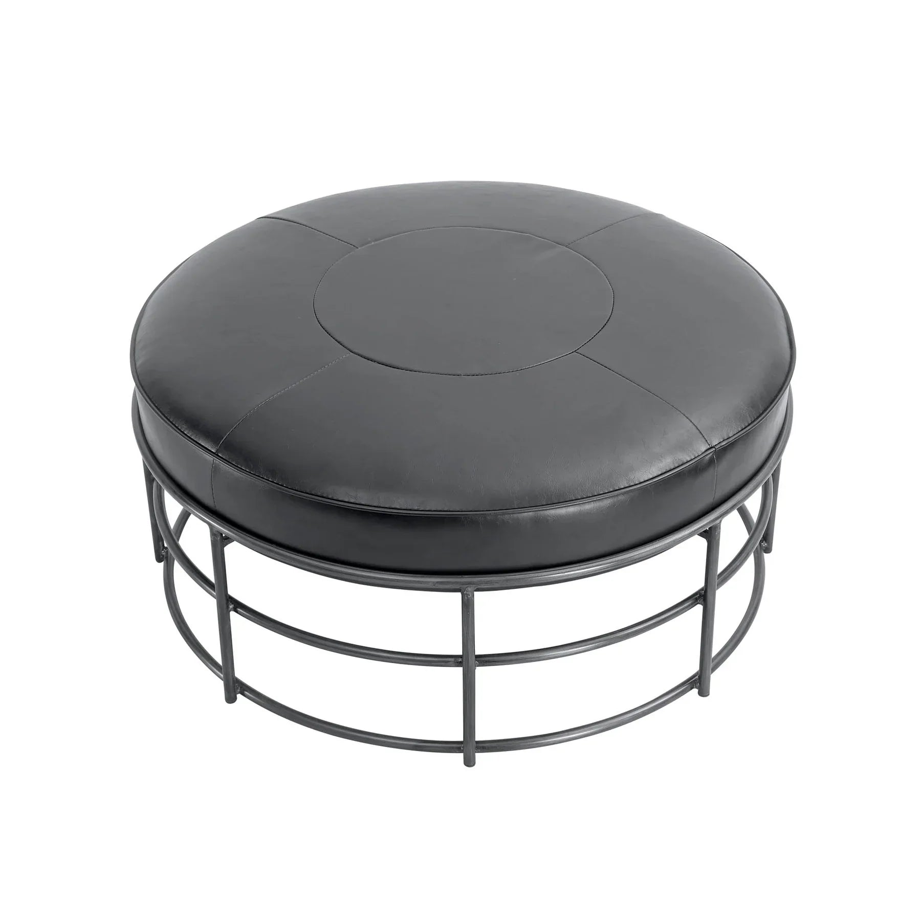 Front three-quarter view of the Ziggy round ottoman featuring a black leather top and a minimalist circular metal cage base