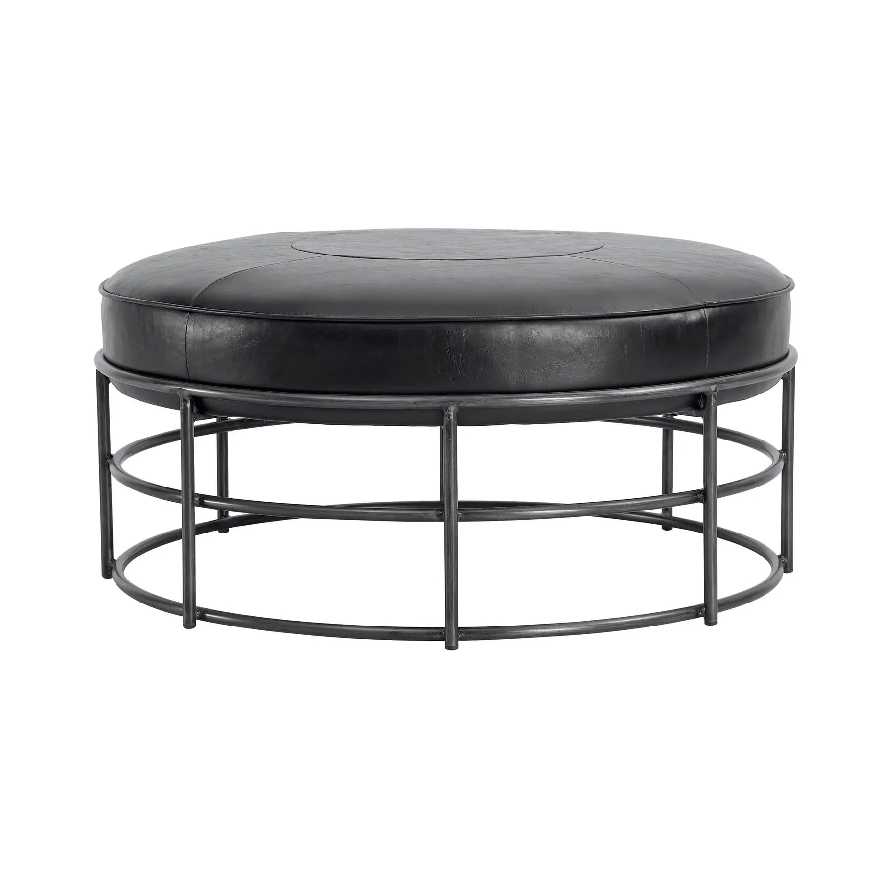 Front three-quarter view of the Ziggy round ottoman featuring a black leather top and a minimalist circular metal cage base