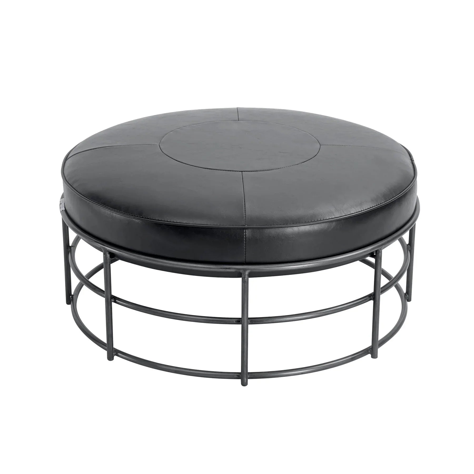 Front three-quarter view of the Ziggy round ottoman featuring a black leather top and a minimalist circular metal cage base