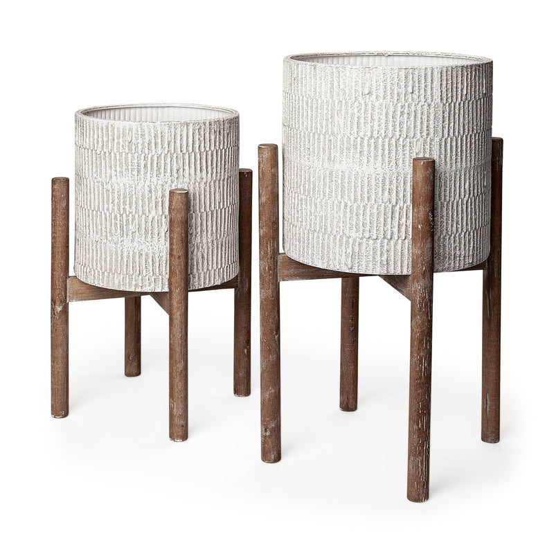 GROOT SET OF TWO 11.8 X 23 EGGSHELL CERAMIC WOODEN BASE PLANT STANDS