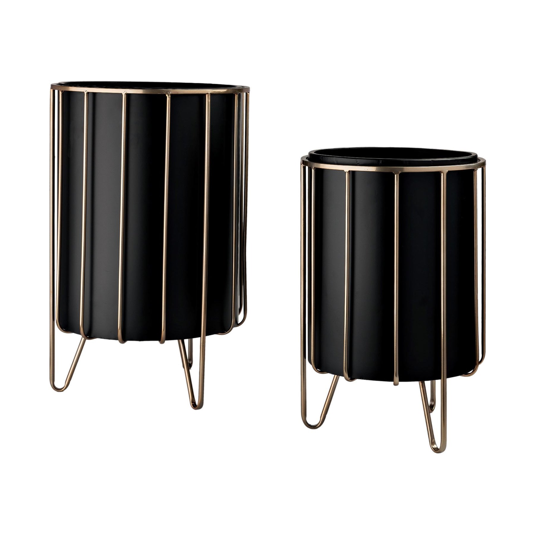 Pianta Black Metal Insert Brass Frame Plant Stands - Set Of 2