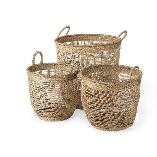 Bowie 19.7L x 19.7W x 19.7H (Set of 3) Medium Brown Seagrass Round Basket W/ Handles-thumbmail-1
