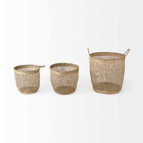 Bowie 19.7L x 19.7W x 19.7H (Set of 3) Medium Brown Seagrass Round Basket W/ Handles-thumbmail-2