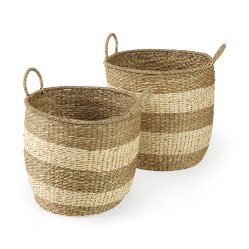 Bradley 18.1L x 18.1W x 16.0H (Set of 2) Light Brown W/Striped Seagrass Basket W/ Handles-thumbmail-1