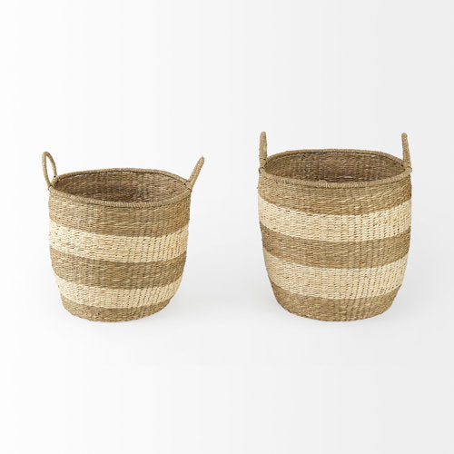 Bradley 18.1L x 18.1W x 16.0H (Set of 2) Light Brown W/Striped Seagrass Basket W/ Handles-thumbmail-2
