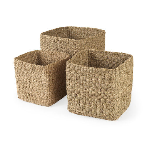 Copenhagen 15.7L x 15.7W x 15.7H (Set of 3) Medium Brown Square Twisted Seagrass Square Basket-thumbmail-1
