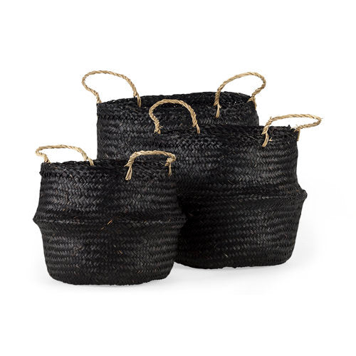Ella 9.8L x 9.8W x 11.0H (Set of 3) Black Seagrass Basket W/ Light Brown Handles-thumbmail-1