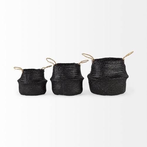 Ella 9.8L x 9.8W x 11.0H (Set of 3) Black Seagrass Basket W/ Light Brown Handles-thumbmail-2