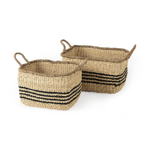 Emma 17.3L x 13.0W x 11.0H (Set of 2) Light Brown Seagrass Rectangular Basket W/ Black Stripes-thumbmail-1