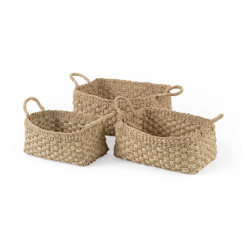 Emra 17.3L x 11.8W x 7.9H (Set of 3) Light Brown Seagrass Rectangular Basket W/ Handles-thumbmail-1