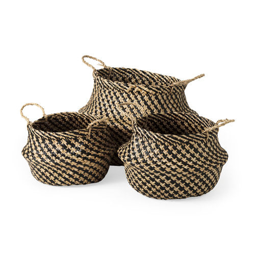 Gaia 17.7L x 17.7W x 20.5H Set of 3 Light and Dark Brown Cross Patterend Belly Seagrass Basket