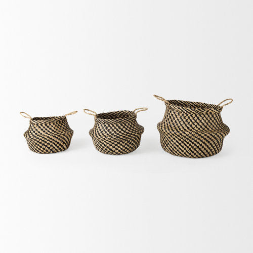 Gaia 17.7L x 17.7W x 20.5H Set of 3 Light and Dark Brown Cross Patterend Belly Seagrass Basket