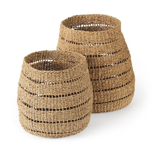 Hayes 17.7L x 17.7W x 11.8H (Set of 2) Medium Brown Seagrass Round Basket with Stripe Pattern-thumbmail-1