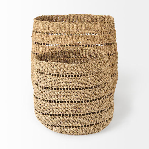 Hayes 17.7L x 17.7W x 11.8H (Set of 2) Medium Brown Seagrass Round Basket with Stripe Pattern-thumbmail-3
