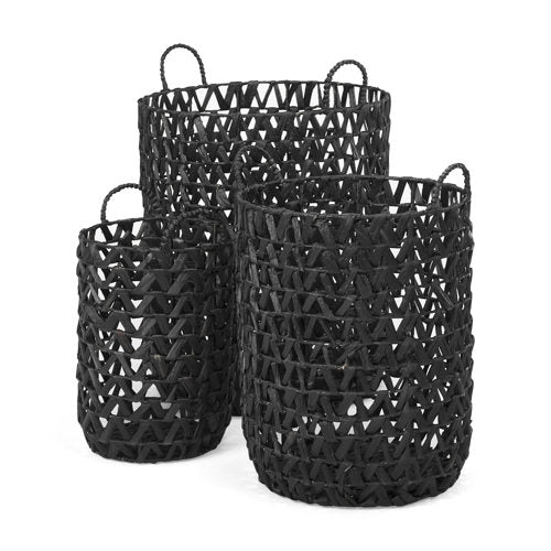 Lola 19.7L x 19.7W x 23.6 Set of 3 Black Water Hyacinth Zig Zag Weave Round Basket W/ Handles