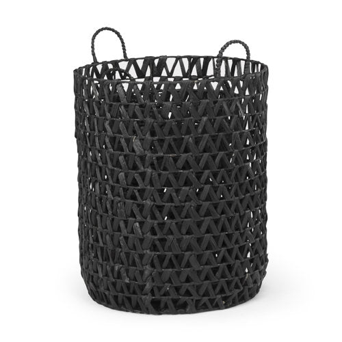 Lola 19.7L x 19.7W x 23.6 Set of 3 Black Water Hyacinth Zig Zag Weave Round Basket W/ Handles-thumbmail-4