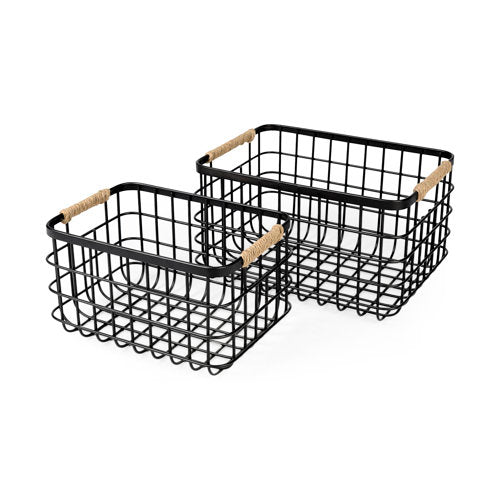 Marius 20.9L x 15.2W x 12.2 Set of Two Matte Black Metal W/ Rope Trim Rectangular Baskets-thumbmail-1
