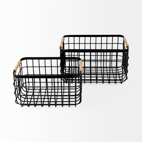 Marius 20.9L x 15.2W x 12.2 Set of Two Matte Black Metal W/ Rope Trim Rectangular Baskets