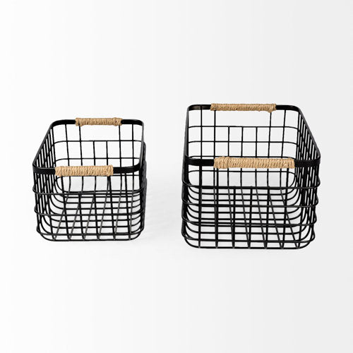 Marius 20.9L x 15.2W x 12.2 Set of Two Matte Black Metal W/ Rope Trim Rectangular Baskets-thumbmail-3