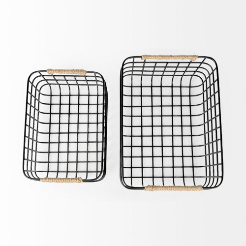 Marius 20.9L x 15.2W x 12.2 Set of Two Matte Black Metal W/ Rope Trim Rectangular Baskets-thumbmail-4