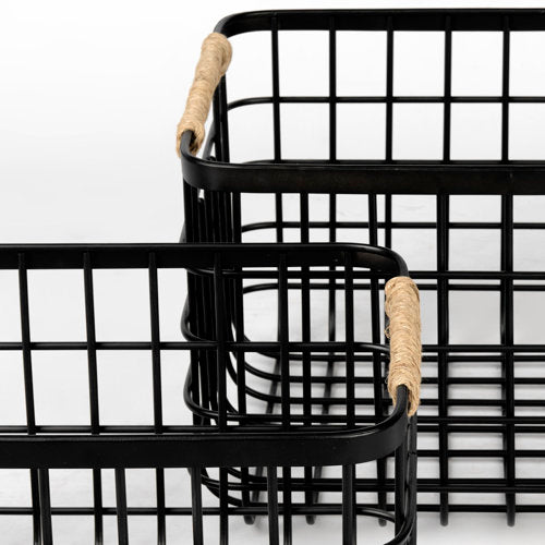 Marius 20.9L x 15.2W x 12.2 Set of Two Matte Black Metal W/ Rope Trim Rectangular Baskets-thumbmail-6