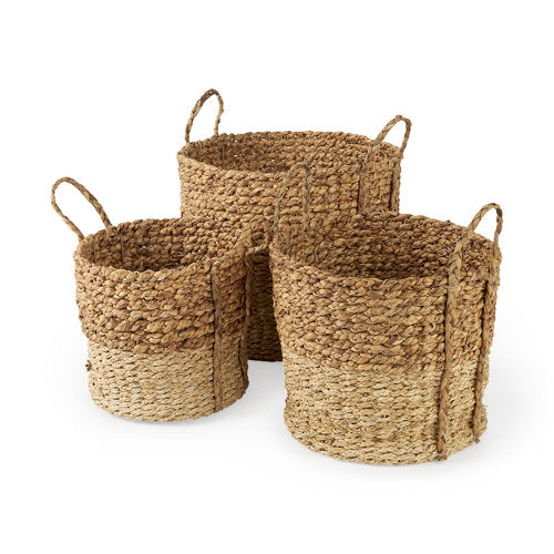 Morocco 15.7L x 15.7 (Set of 3) Brown Two Tone Water Hyacinth and Cornhusk Round Basket W/ Handles-thumbmail-1