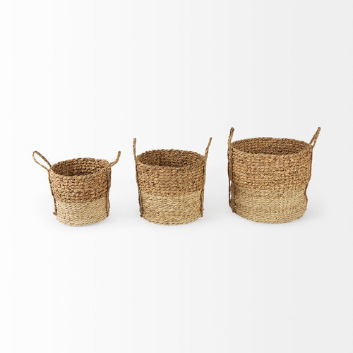 Morocco 15.7L x 15.7 (Set of 3) Brown Two Tone Water Hyacinth and Cornhusk Round Basket W/ Handles