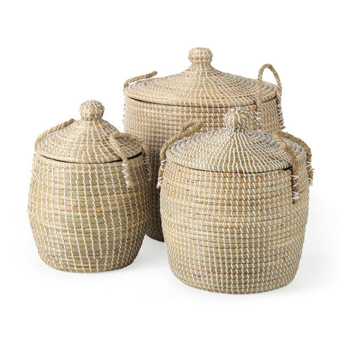 Olivia 15.7L x 15.7W x 17.3H Set of 3 Beige Seagrass Basket W/Lid and Handles