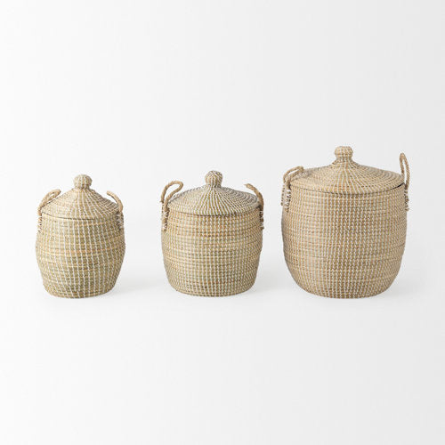 Olivia 15.7L x 15.7W x 17.3H Set of 3 Beige Seagrass Basket W/Lid and Handles