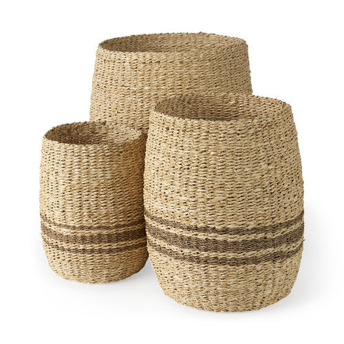 Sivannah 19.7L x 19.7W x 23.6H (Set of 3) Light Brown and Medium Brown Striped Seagrass Round Basket-thumbmail-1
