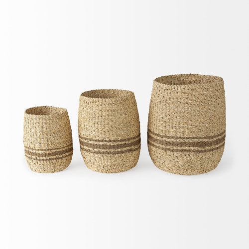 Sivannah 19.7L x 19.7W x 23.6H (Set of 3) Light Brown and Medium Brown Striped Seagrass Round Basket-thumbmail-2