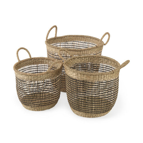 Triopas (Set of 3) Medium Brown Seagrass Round Basket W/ Handles