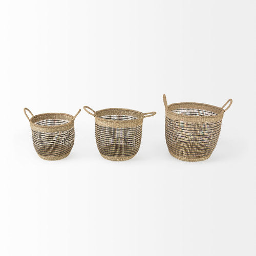 Triopas (Set of 3) Medium Brown Seagrass Round Basket W/ Handles
