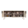 Front view with all cabinet doors open revealing a spacious light wood interior with full-length fixed storage shelves
