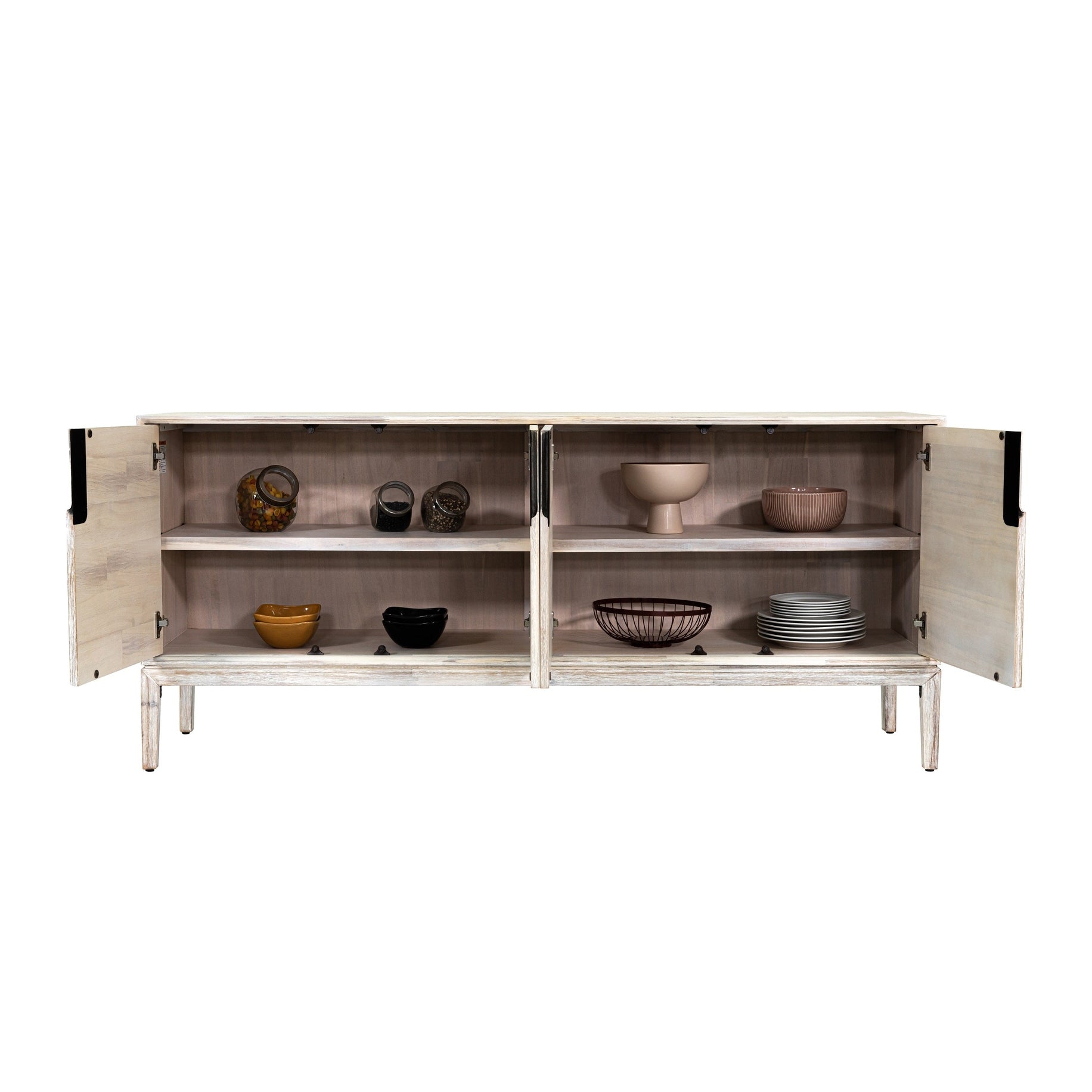 Straight-on front view of the Gemini sideboard featuring a light whitewashed wood finish and four handle-free cabinet doors