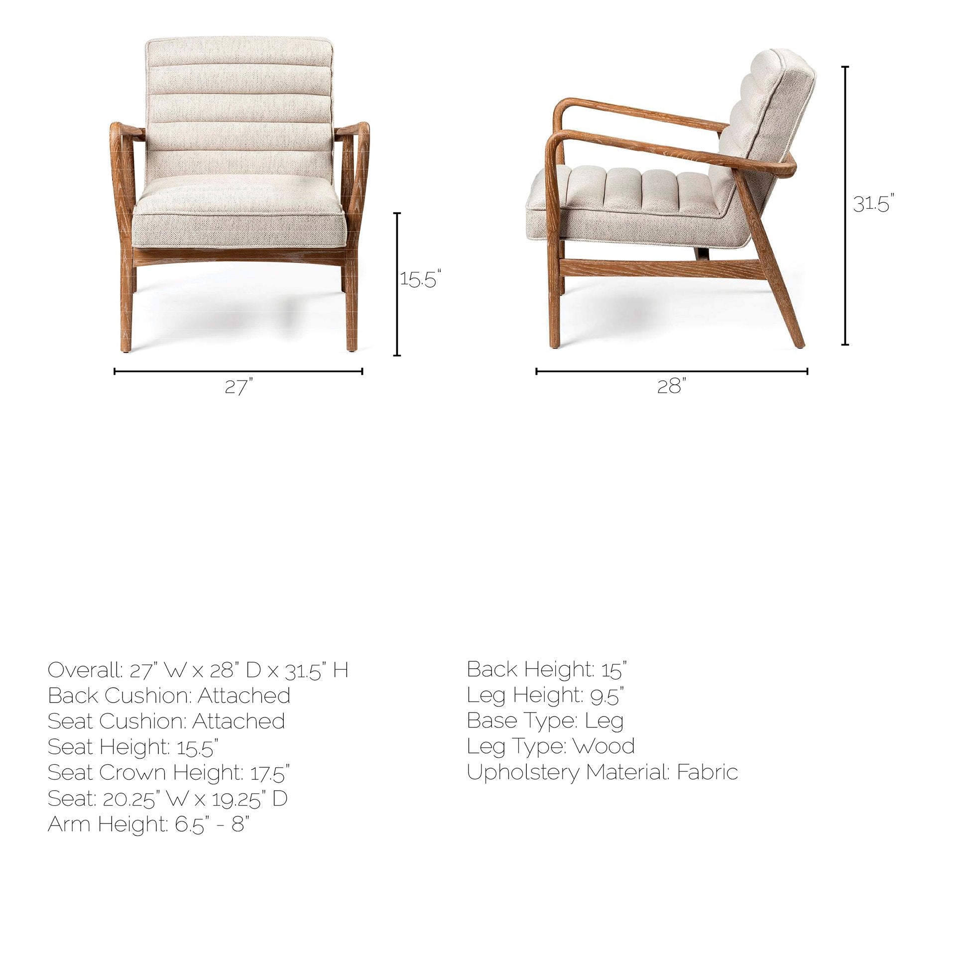 Front view of the Ajax Accent Chair in white textured fabric with a natural oak wood frame