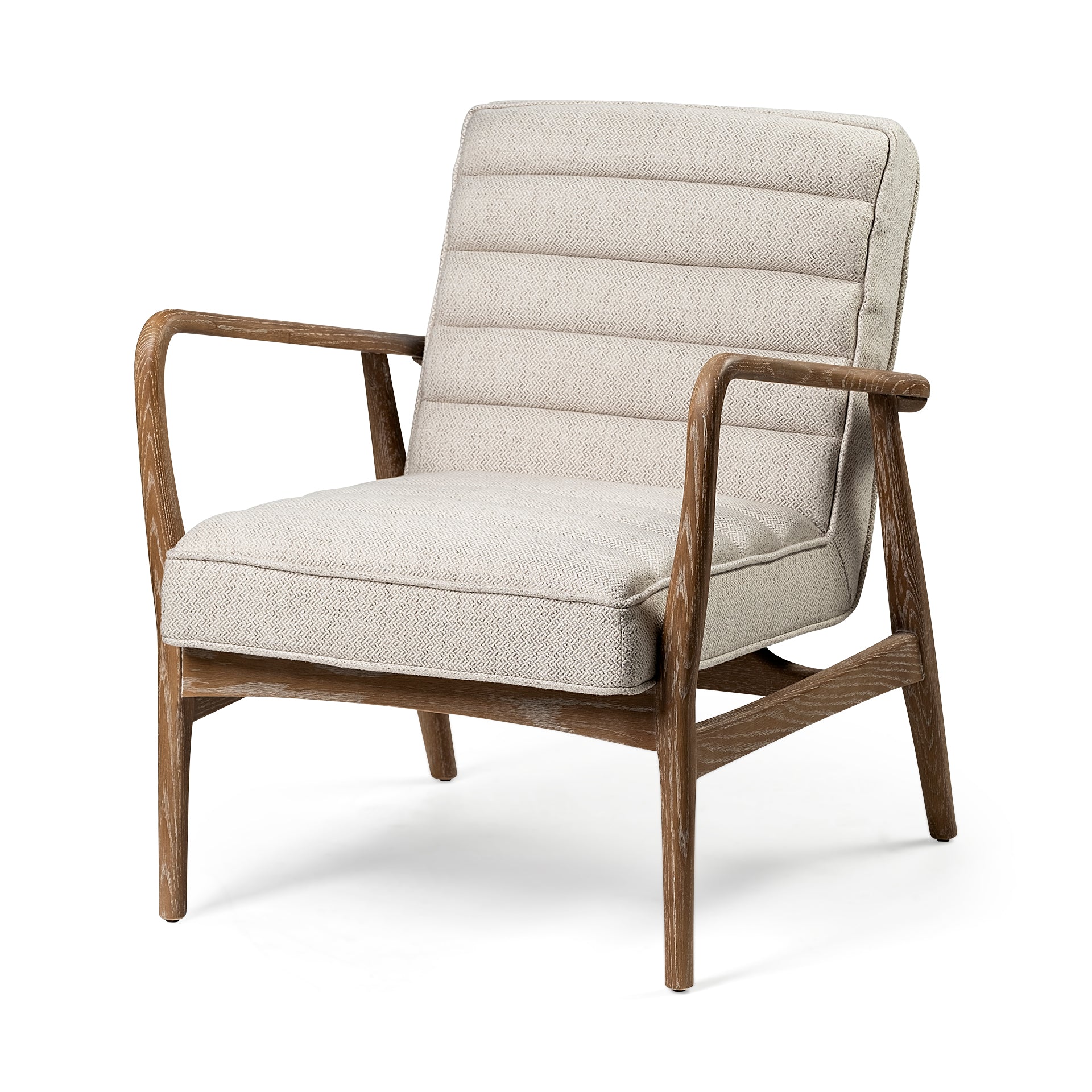 Front view of the Ajax Accent Chair in white textured fabric with a natural oak wood frame