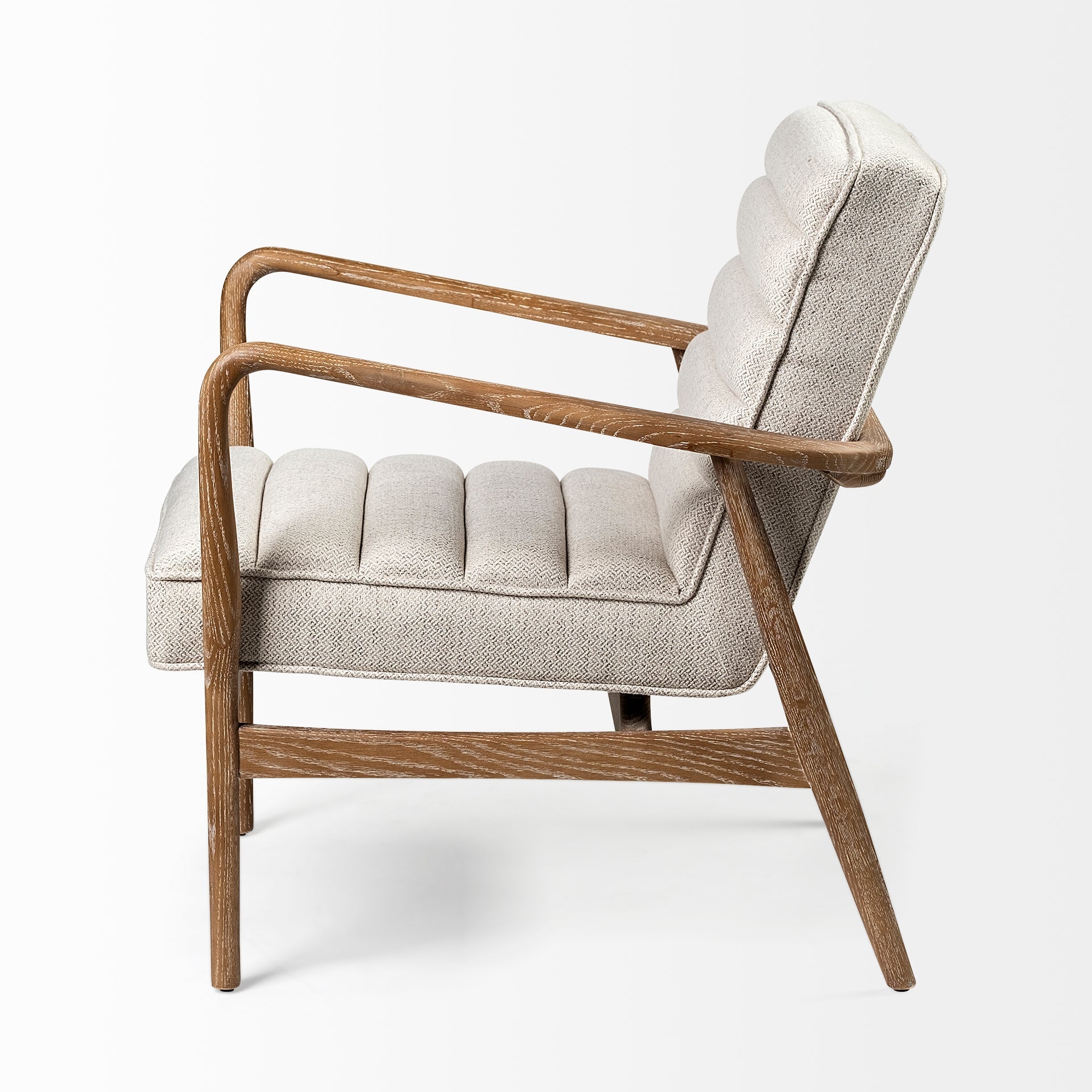 Front view of the Ajax Accent Chair in white textured fabric with a natural oak wood frame