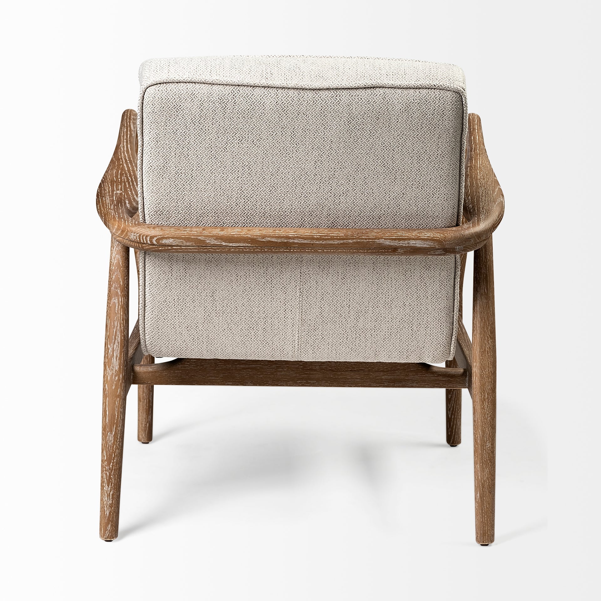 Front view of the Ajax Accent Chair in white textured fabric with a natural oak wood frame