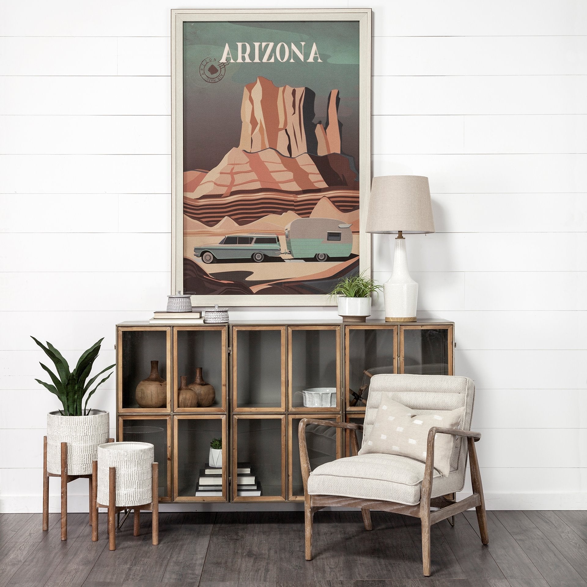 Front view of the Ajax Accent Chair in white textured fabric with a natural oak wood frame